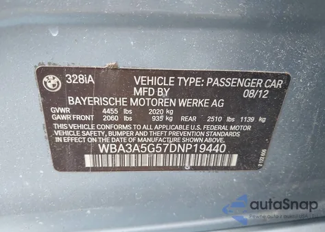 2013 BMW 328I from USA, damaged, VIN WBA3A5G57DNP19440